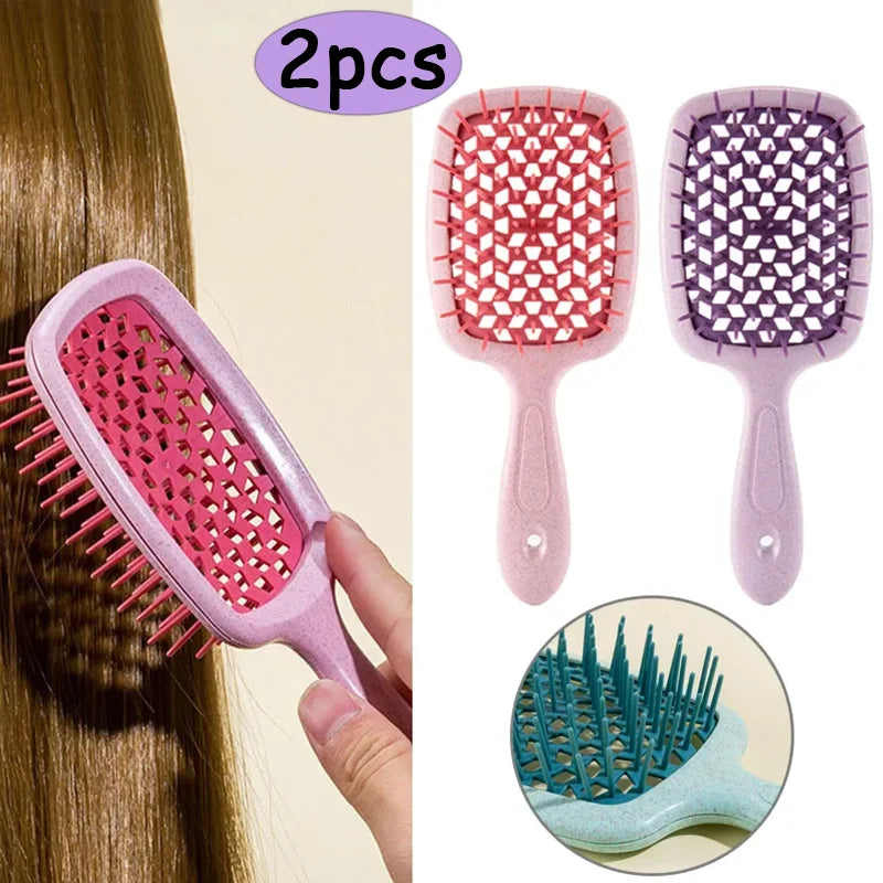 2Pcs Professional Detangling Hair Brush & Comb Set Hollow Out Anti-static Scalp Massage Hairbrush for Wet Dry Hair Styling