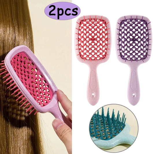 2Pcs Professional Detangling Hair Brush & Comb Set Hollow Out Anti-static Scalp Massage Hairbrush for Wet Dry Hair Styling