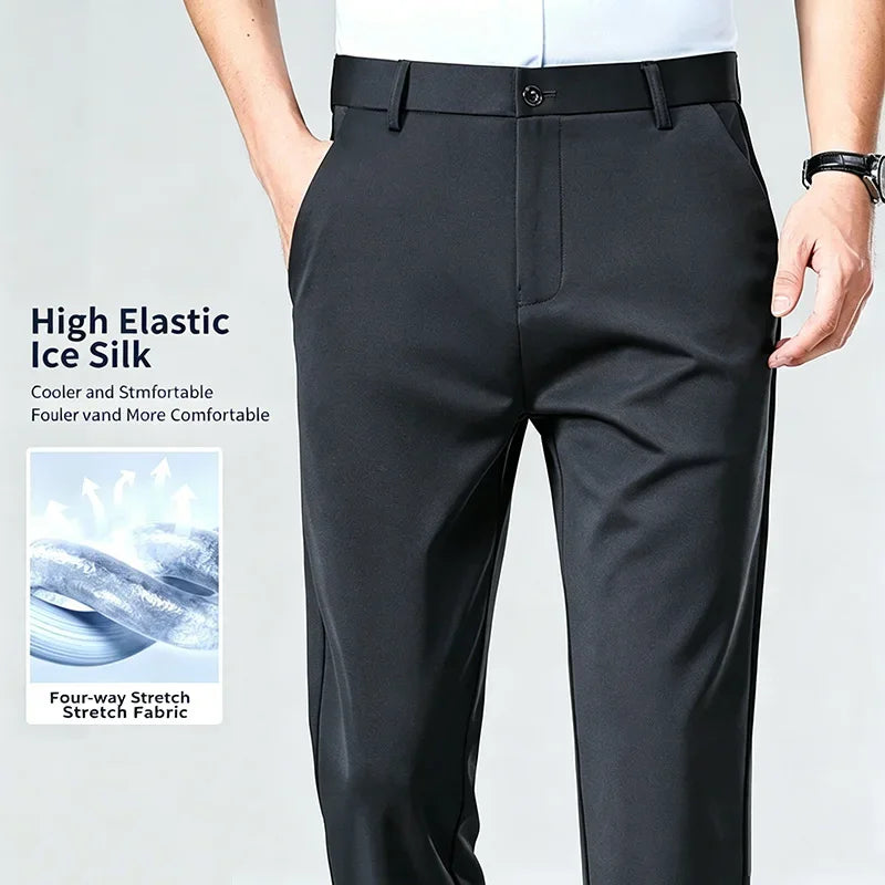 Mens Summer Stretch Straight Leg Business Dress Pants Breathable High Drape Trousers for Business Events