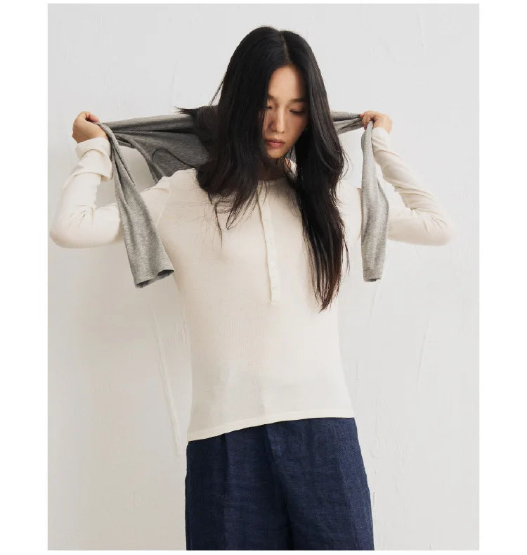 Silk Wool Basic Shirt For Women Autumn Winter Round Button Neck Slim Knitwear, Solid Color Striped Long Sleeve Top