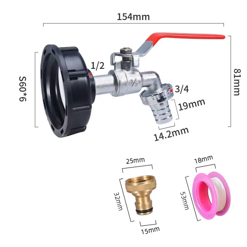 S60x6 Coarse Thread IBC Tank Tap Connecter x 1/2'' 3/4'' Water Coupling Adapter 1000L Garden Home Replacement Valve Fitting
