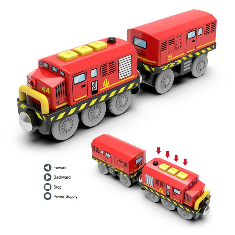 Kid Magnetic Electric Train Car Locomotive Wooden Track Slot Diecast Railway With Two Carriages Wood Toy Gift - Shoppiline