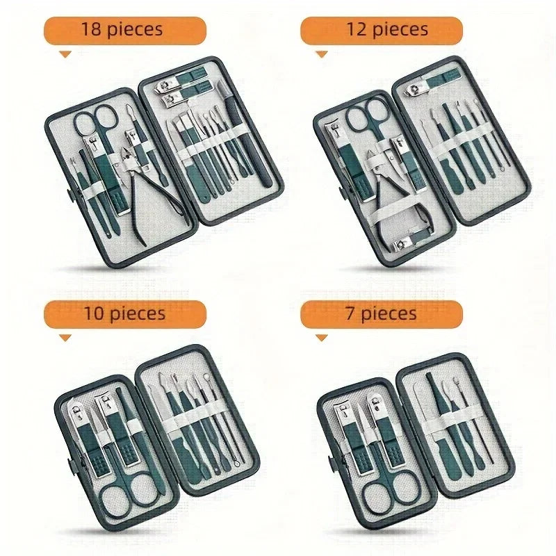 Trousse de manucure et pédicure professionnelle 7/10/12/18 pièces en acier inoxydable, ensemble de coupe-ongles avec étui de voyage