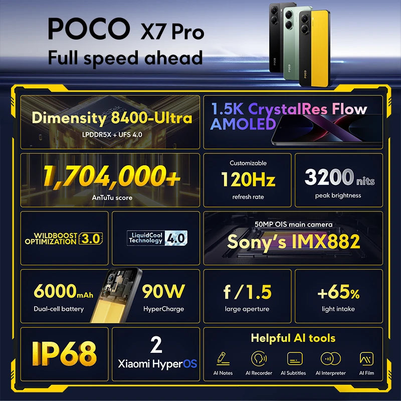 【World Premiere】POCO X7 Pro Global Version Smartphone 256GB / 512GB Dimensity 8400-Ultra 90W Charge 6000mAh battery IP68 NFC 5G - Shoppiline