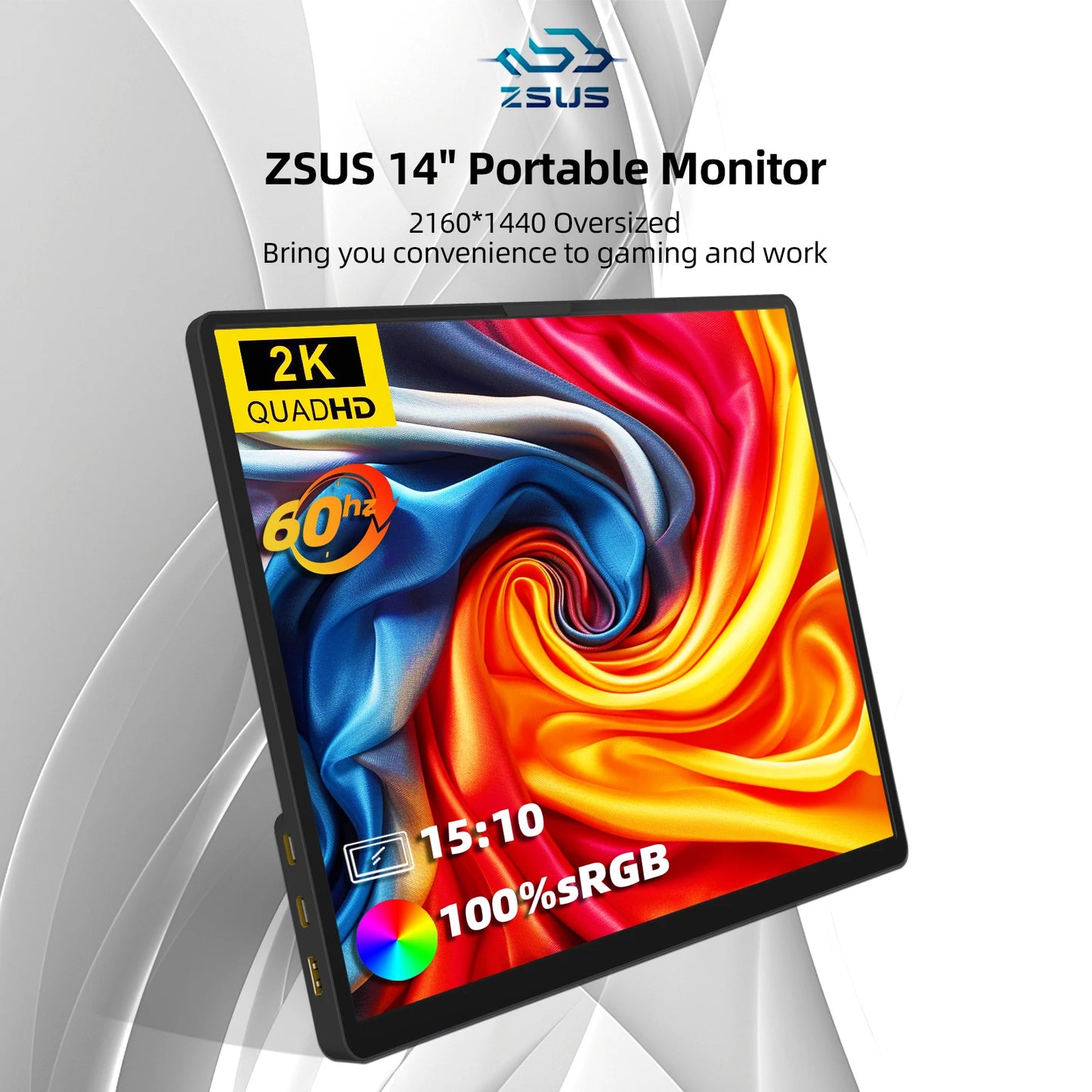 ZSUS 2160*1440  14-inch 2K Portable Monitor 60HZ For Laptop XBox PS4 / 5 Switch TV Box Cell Phone PC Extension  Mobile - Shoppiline