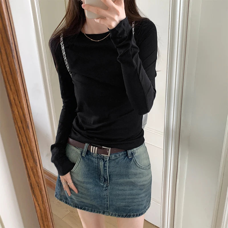 Spring Autumn T shirt Women Tops Solid Long Sleeve Ruched O Neck Tshirts Female Korean Casual Streetwear High Quality Base Tees