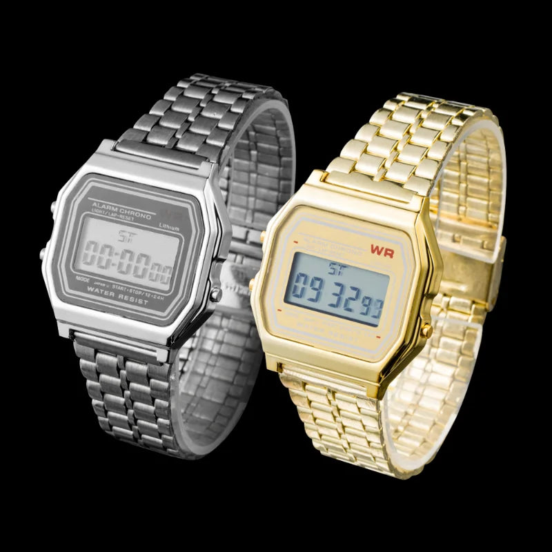 F91W Nicht wasserdichte Stahlbanduhr für Damen, Herren, Business-Uhr, multifunktionale LED-Digital-Sportuhr, elektronische Uhr