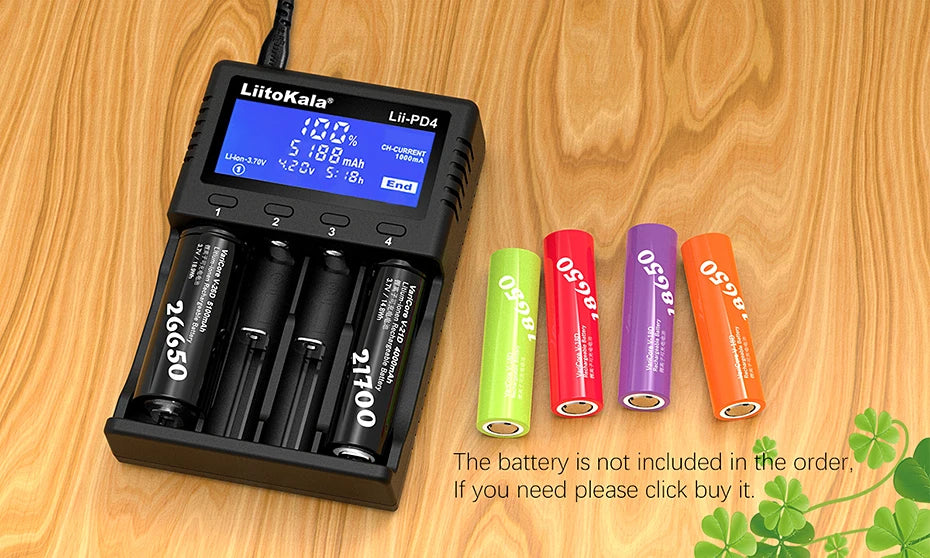 LiitoKala Lii-PD4 AC PD Charger LCD Fast Charging 4-Bay for LiFePO4 3.2V 21700/18650/AA/AAA Multi-Protection Auto-Detect