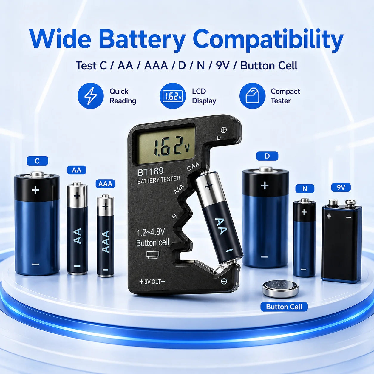 BT189 Digital Battery Tester LCD Voltage Checker for AA AAA C D 9V Button Cell Household Portable Power Measuring Tool Analyzer