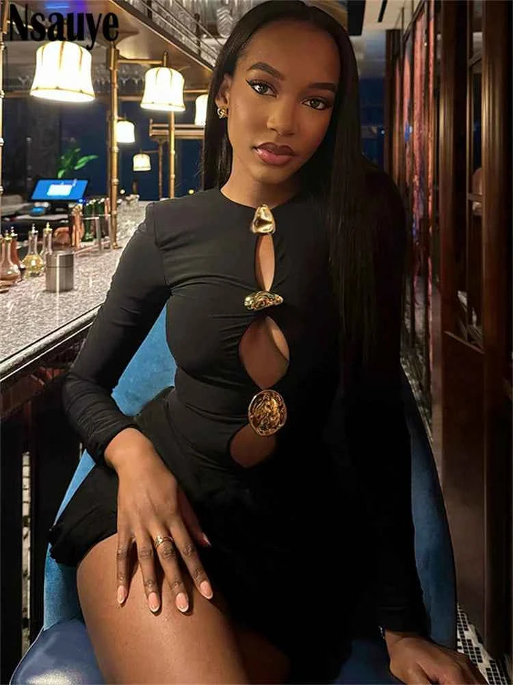 Nsauye Autumn Winter Women 2025 Sexy Night Club Mini Wrap Hollow Out Party Dress Fashion Elegant Evening Short Dress Long Sleeve