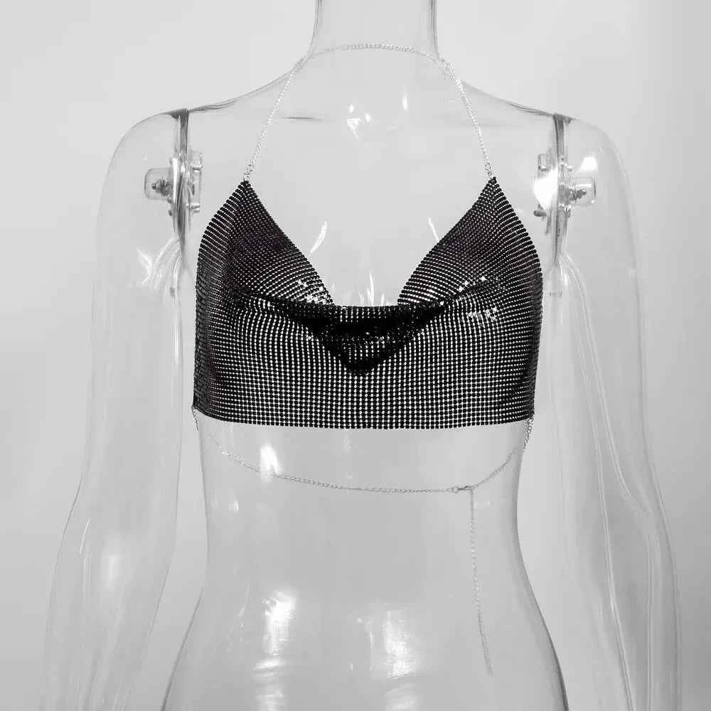 Sexy Summer Sequin Metal Crop Tops Suspenders Halter Backless Night Club Tank Top 2024 New Women Clothing Fashion Y2k Tops