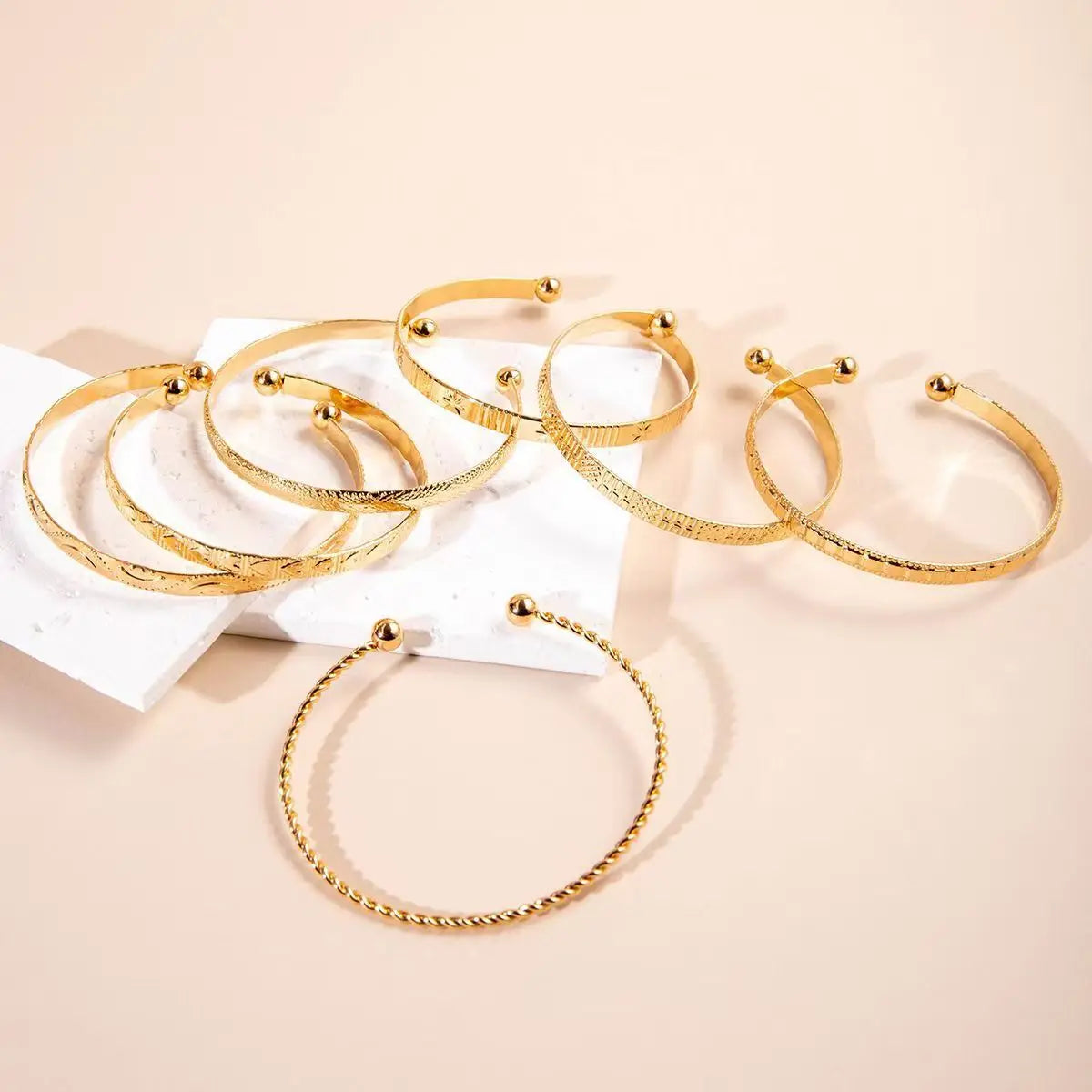 7Pcs Boho Minimalist Stackable Cuff Bangle Set Engraved Multi Pattern Open Bracelet for Women Trendy Jewelry Gift Accessories