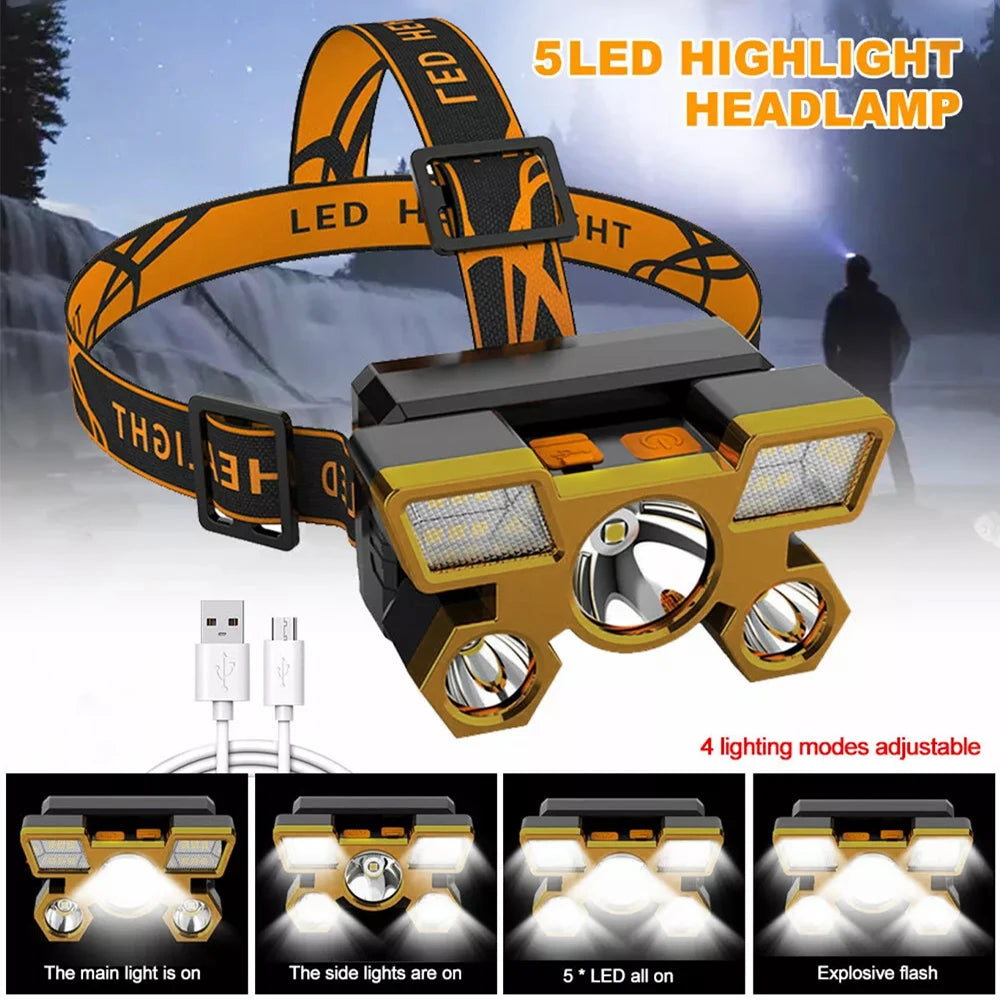 1x Wiederaufladbare Stirnlampe, Tragbare 5LED Scheinwerfer-Taschenlampe, Tragbare Arbeitsleuchte, Angeln Camping Stirnlampe für Reisen, Camping