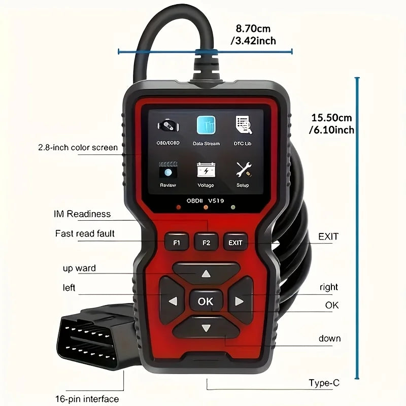V519 Professional Obd2 Scanner - Usb-Powered Car Diagnostic Tool with Real-Time Data Stream, Full-Featured Obd Ii Testing (I/M Ready, Bod2/Eobd), Clears Engine Fault Lights, Reads/Erases Codes for Most Vehicles, Car Maintenan