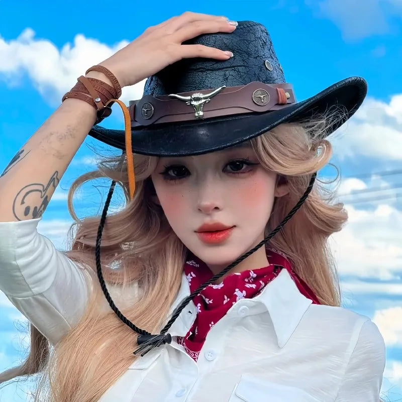 New Western Cowboy Knight Hat Head Retro Outdoor Travel Flat Top Knight Hat Party Hats Cowboy Accessories Men and Women
