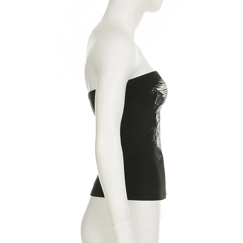 Gothic Print Black Strapless Tube Top Women Skinny Cropped Summer Casual Chic Graphic Tee Y2K Streetwear Basic Vest
