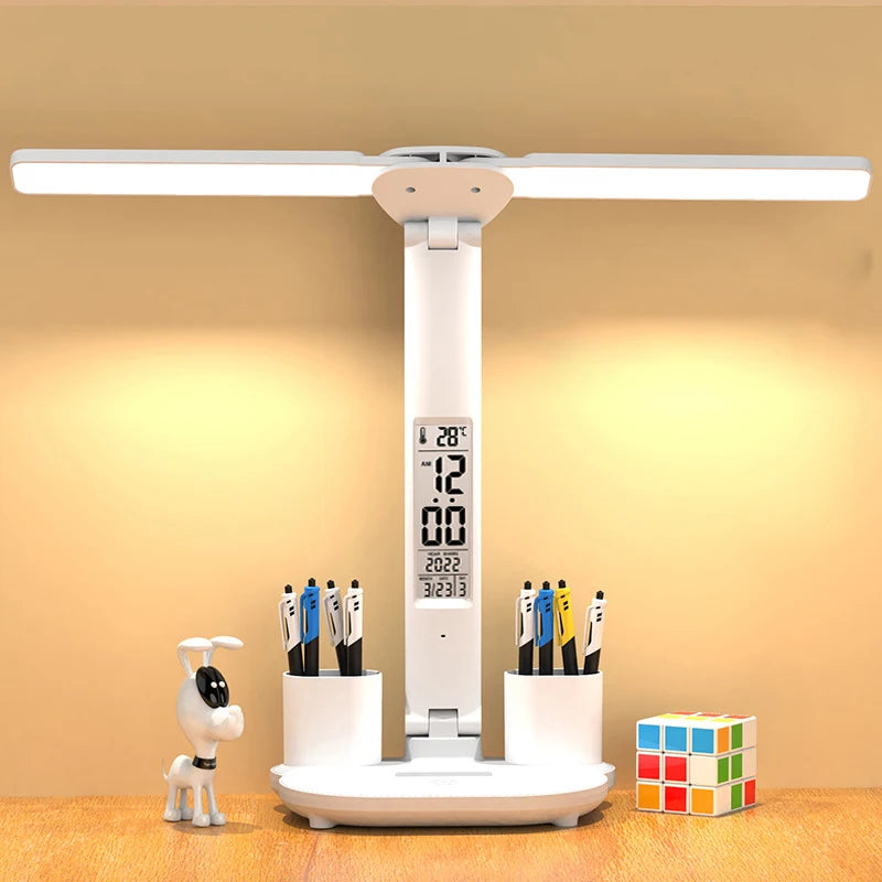 LED Table Lamp Double-Headed USB Chargeable Dimmable Desk Lamp with Calendar Clock Foldable Eye Protection Reading Night Light