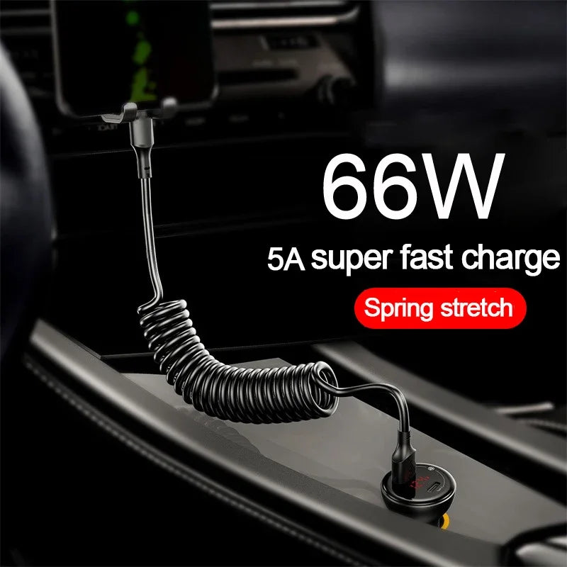 Fast Charging Type C to Type C Spring Telescopic Cable For iPhone 15 14 Samsung Xiaomi OnePlusCar USB Type C 66W & LIGHTNING PD