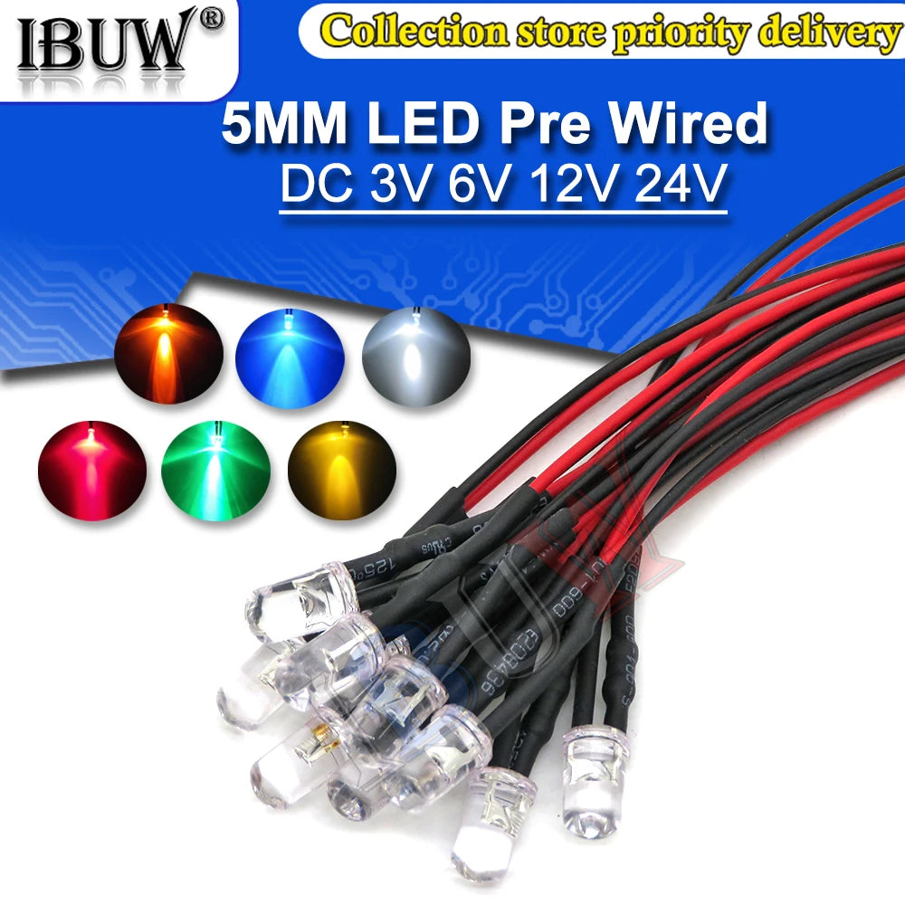 10 Stück DC 3V 6V 12V 24V vorverdrahtete 3mm 5mm LED-Lichtlampe vorverdrahtete Leuchtdioden Transparent Gelb Blau Grün Weiß Rot