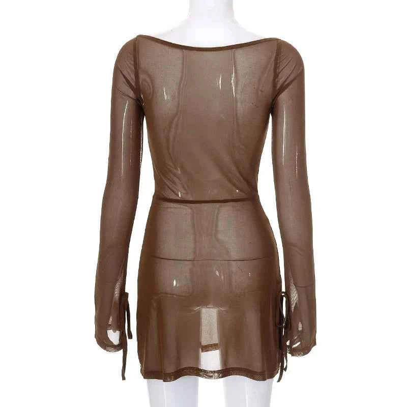 Women's Square Collar Mini Dress Y2K Gauze Long Sleeve Sheer Sexy Night Outfit Clubwear Solid Color