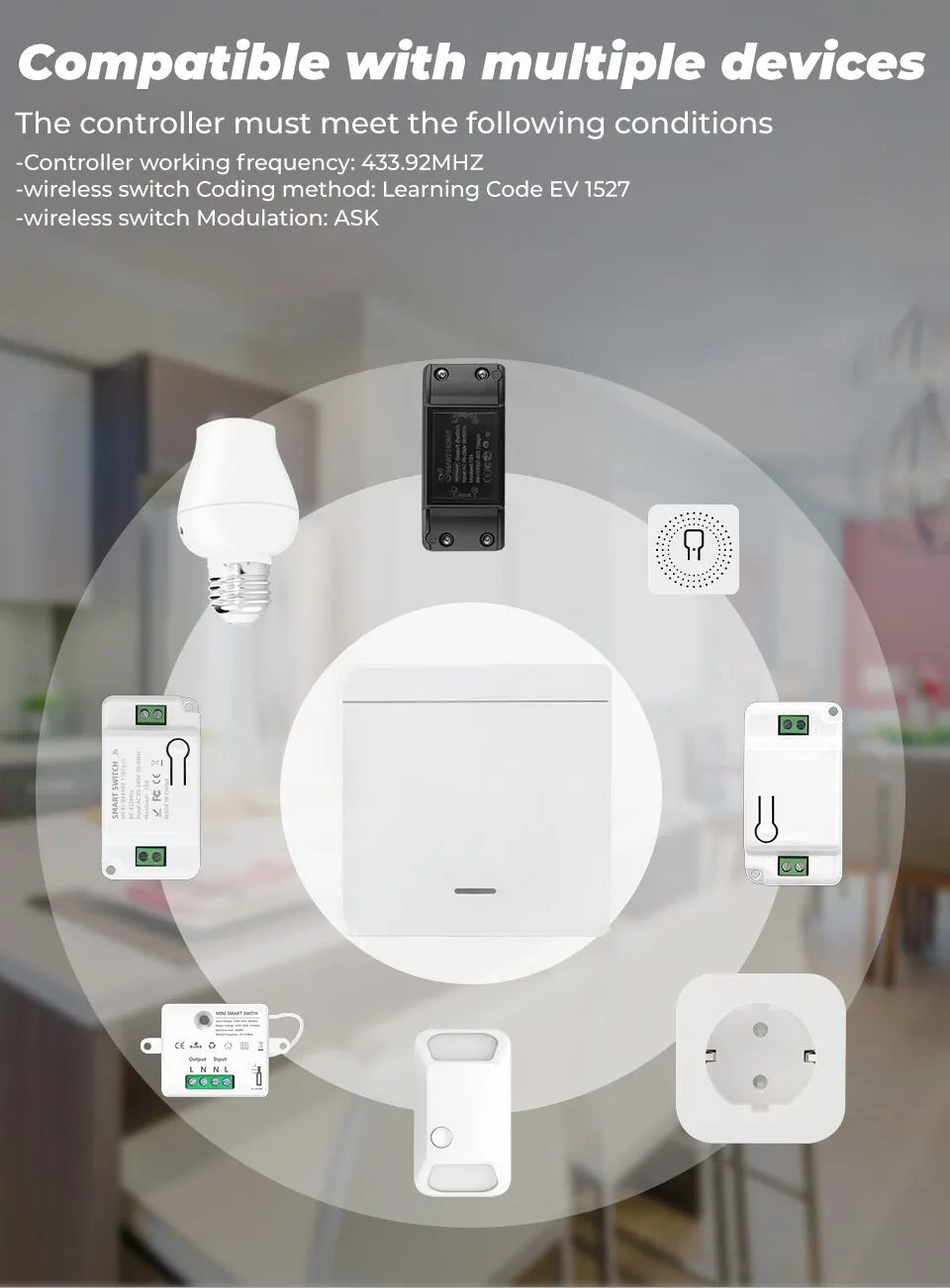 433MHz Wireless Smart Switch 1/2/3 Gang 86 Wall Panel Remote Control Light Switch 10A 110V 220V Home Bedroom Staircase LED Lamp