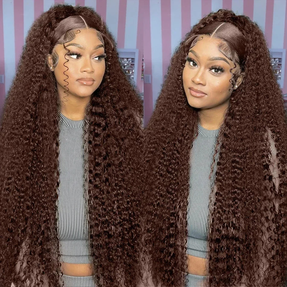Schokobraune Deep Wave 13x6 Lace Front Perücke Echthaar Wasserwelle 250% Dichte Lockige Perücke Echthaar Braune Perücken Vorgezupft