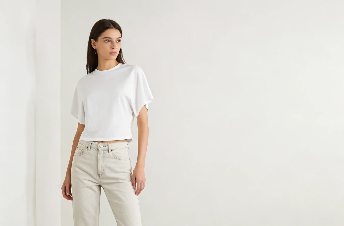 Women's New Arrival Solid Colour Pure Cotton Crew Neck Pullover Short-Sleeved Loose-Fit Waist-Defining Cropped Top with Exposed