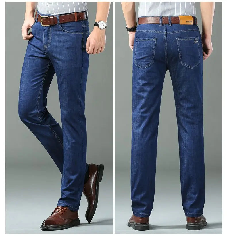 Summer Thin Classic Style Men Brand Jeans Business Casual Stretch Straight Denim Pants Light Blue Black Trousers Male - Shoppiline