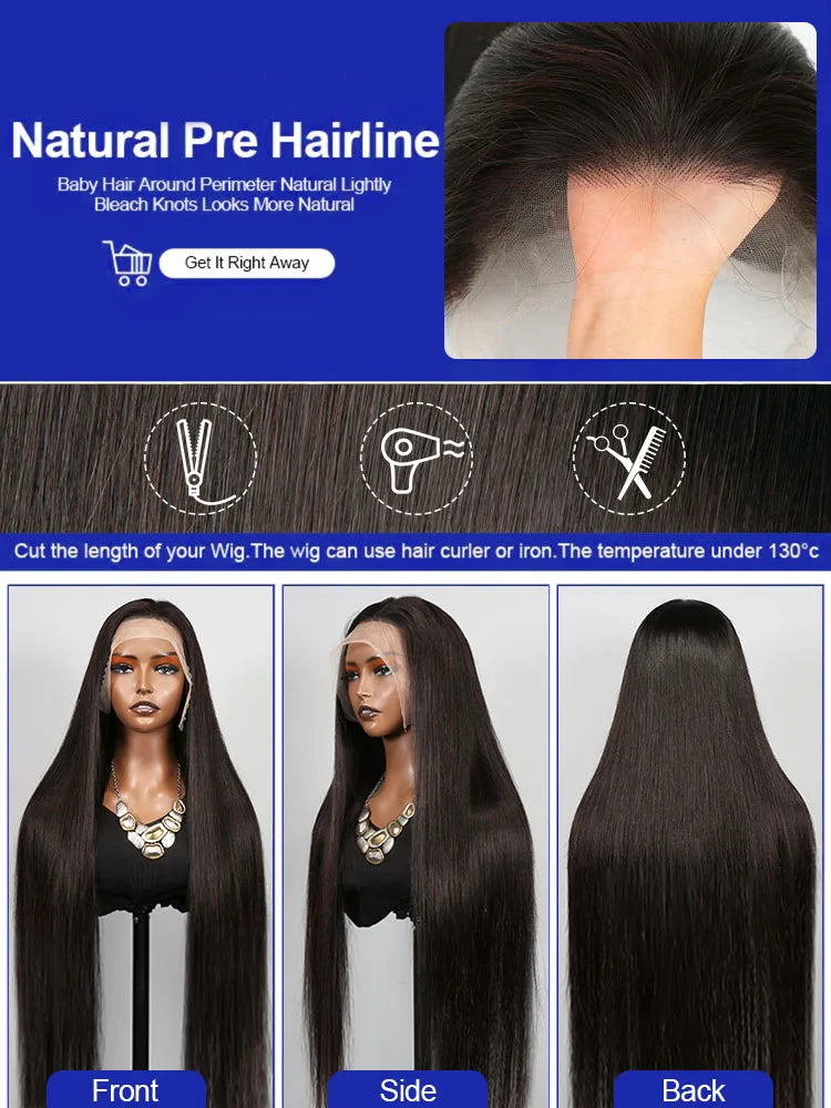 40 Inch Bone Straight Human Hair Wig 13x4 13x6 HD Transparent Lace Wigs Brazilian Full Lace Frontal Wig For Women 300% Density