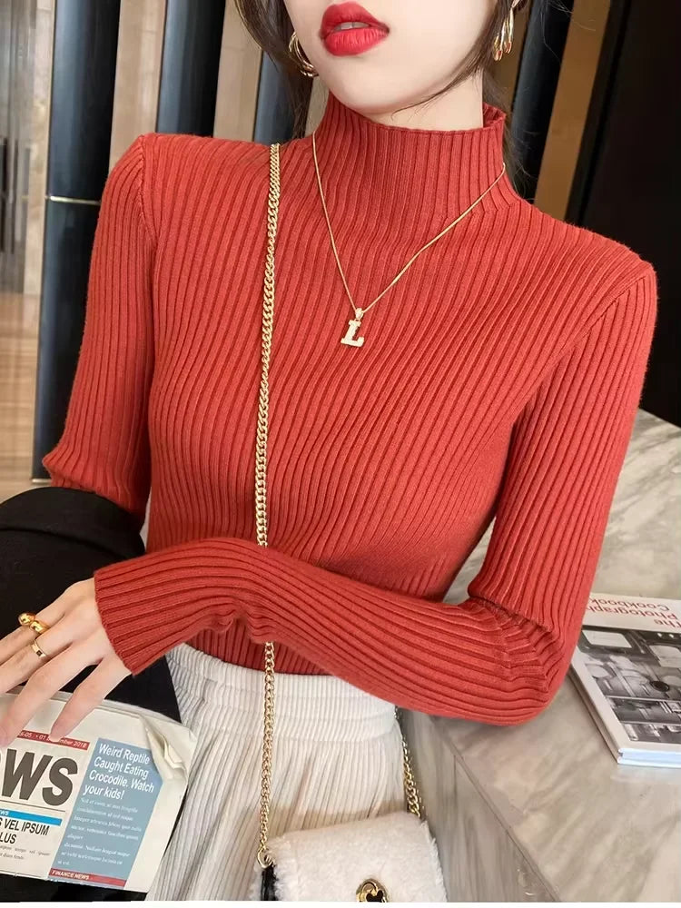 Nouveau pull élégant basique en maille unie pour femme, col roulé, manches longues, décontracté, coupe ajustée, mode simple et chic