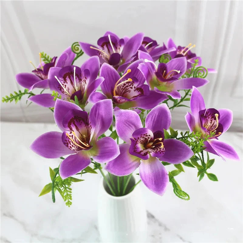 10Pcs White Silk Orchid Bouquet, Faux Flowers for DIY Wedding Decor, Table & Vase Decoration