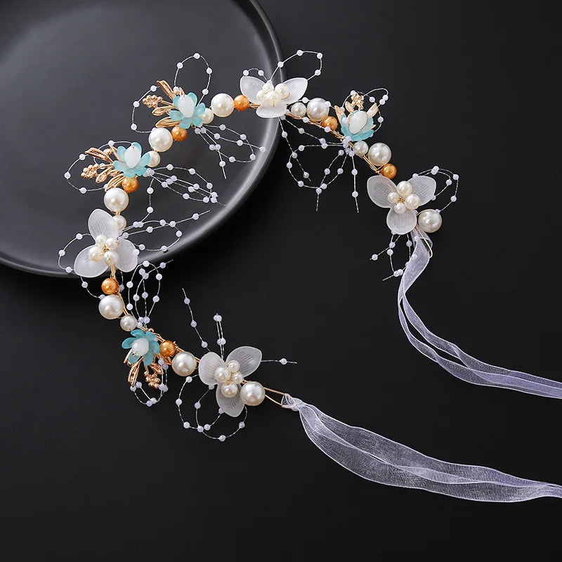 Bride headband pearl flower headband children's flower wreath super fairy princess hair accessory headband headband ribbon