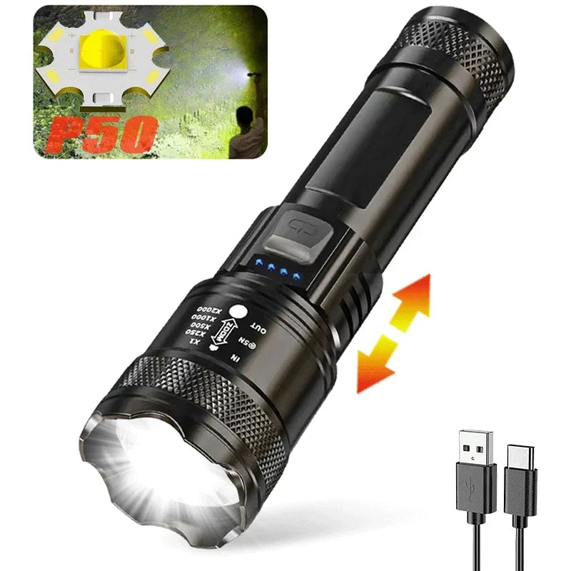 Powerful P70 Led Flashlights 5000LM Ultra Bright Tactical Light Emergency Spotlights Telescopic Zoom Light Builtin 18650 Battery