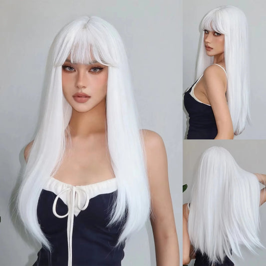 White Long Straight Synthetic Wigs for Women Colorful Cosplay Party Fake Hair with Bangs White Wig HighTemperature