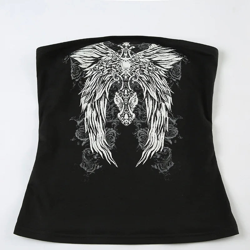 Gothic Print Black Strapless Tube Top Women Skinny Cropped Summer Casual Chic Graphic Tee Y2K Streetwear Basic Vest