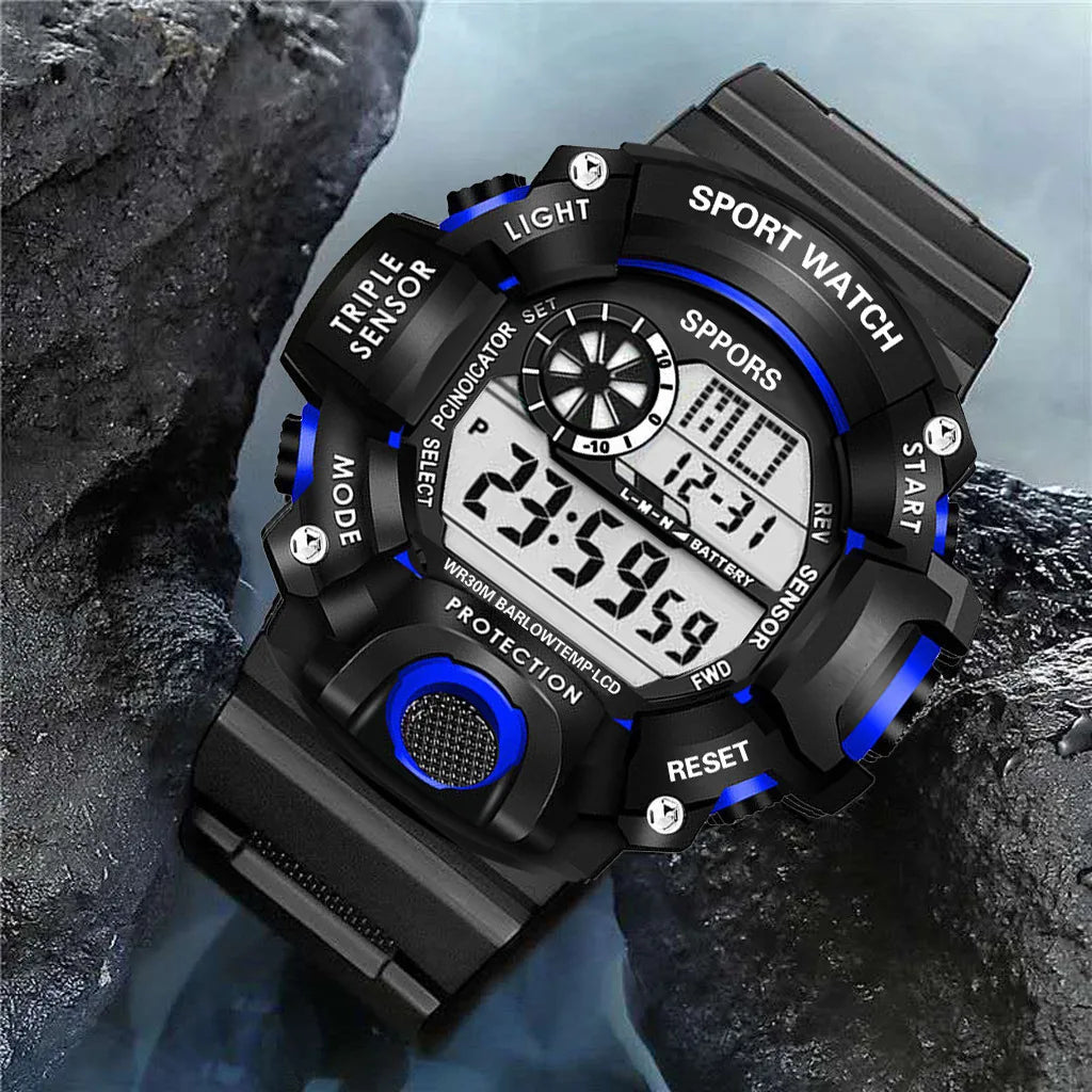 Mode Herrenuhr Sportliche elektronische Armbanduhr Großes Zifferblatt Multifunktional Wasserdicht Leuchtend Alarm Kinder Militäruhr für Herren