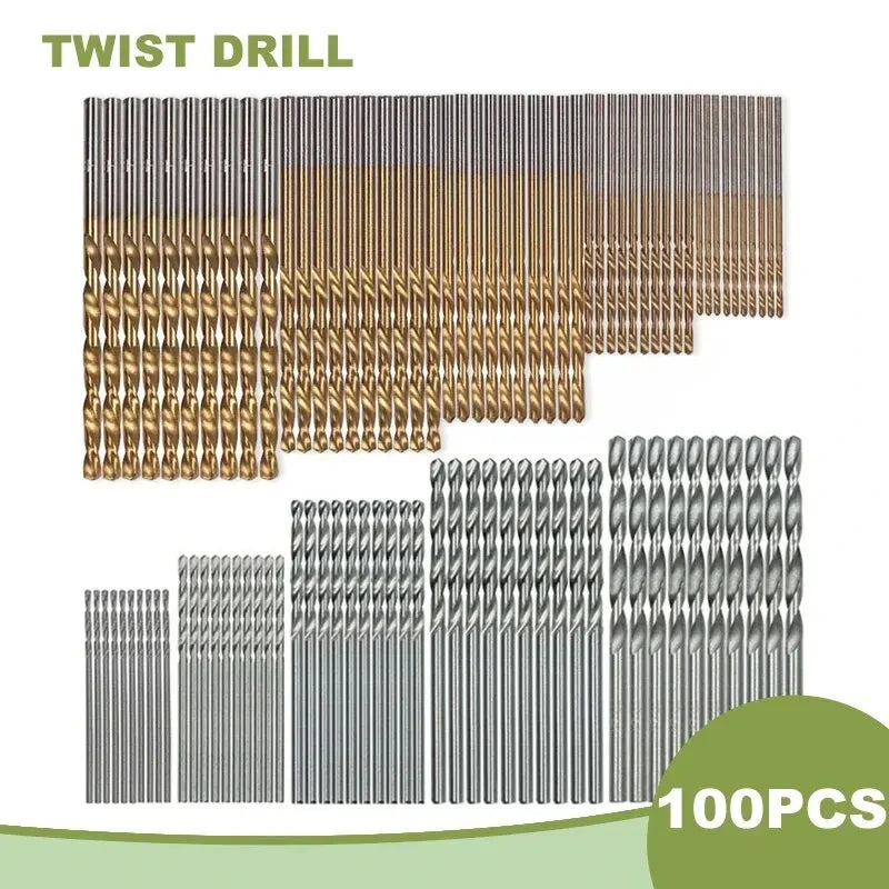100PCS Twist Drill Bit Set 1-3mm Titanium Plated for Wood Metal Hand Electric Drill