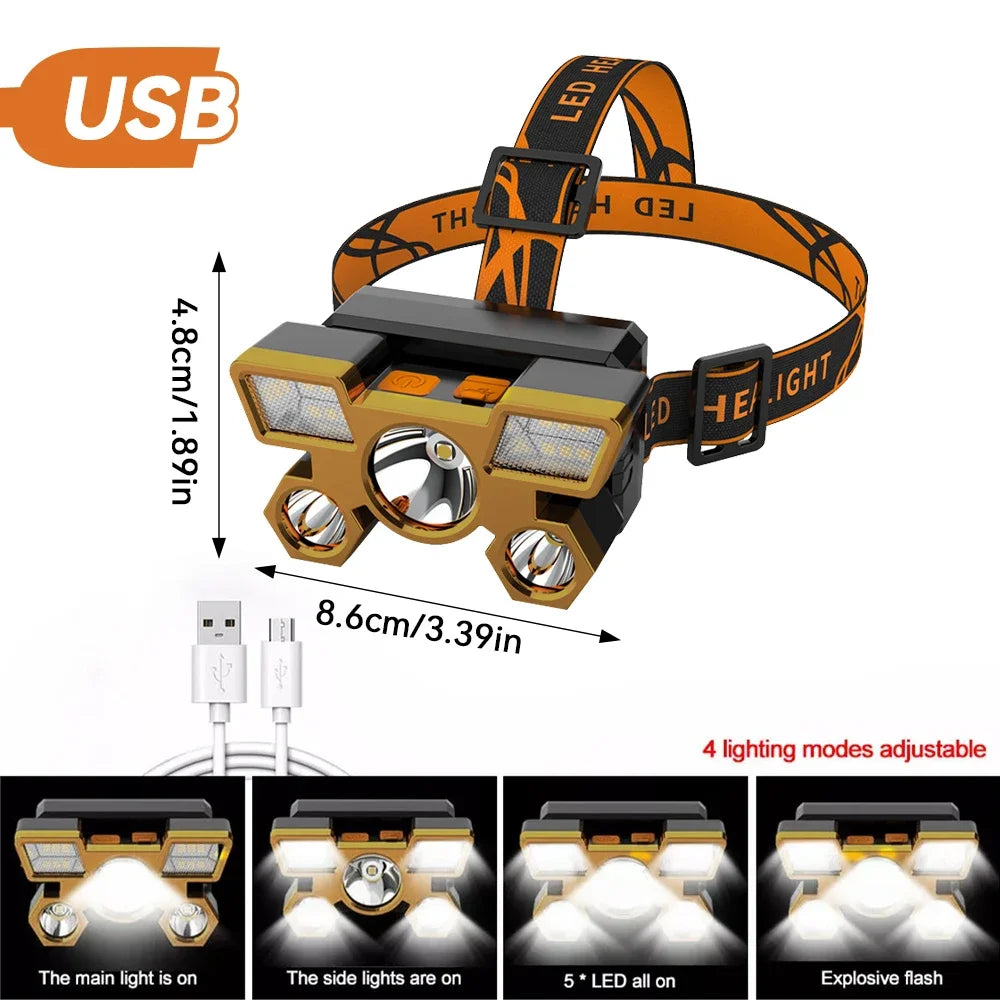 1x Wiederaufladbare Stirnlampe, Tragbare 5LED Scheinwerfer-Taschenlampe, Tragbare Arbeitsleuchte, Angeln Camping Stirnlampe für Reisen, Camping