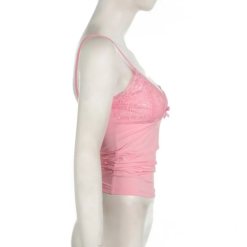 European American style Y2K lace V-neck bow solid color suspender spicy girl sexy low cut vest  slim fit short top traffic 2025