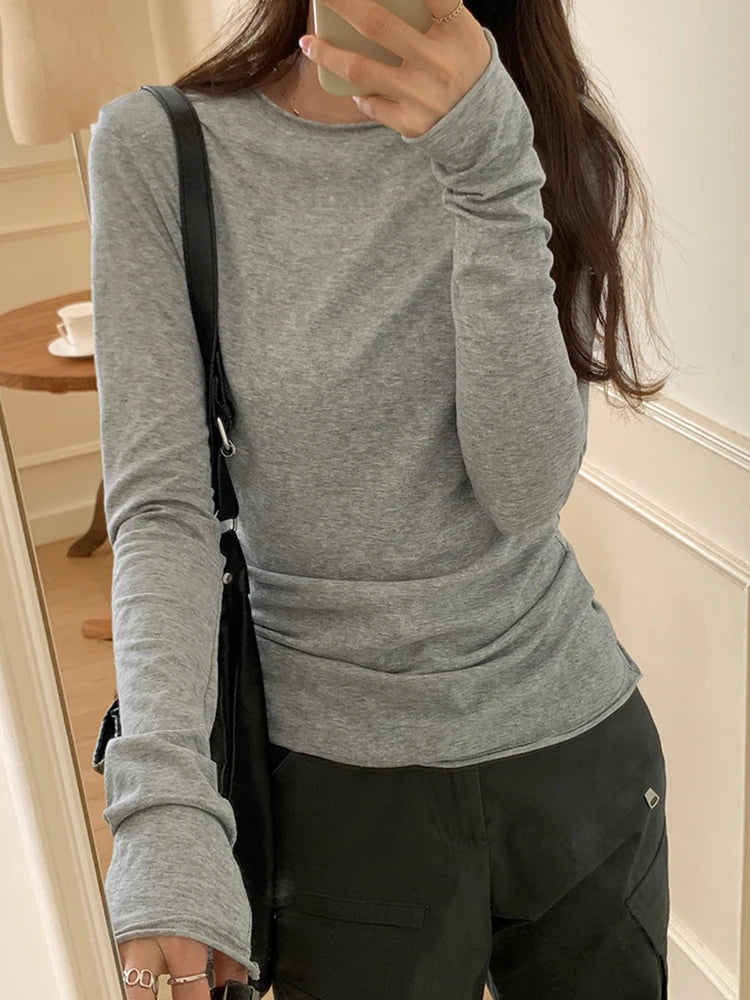 Spring Autumn T shirt Women Tops Solid Long Sleeve Ruched O Neck Tshirts Female Korean Casual Streetwear High Quality Base Tees