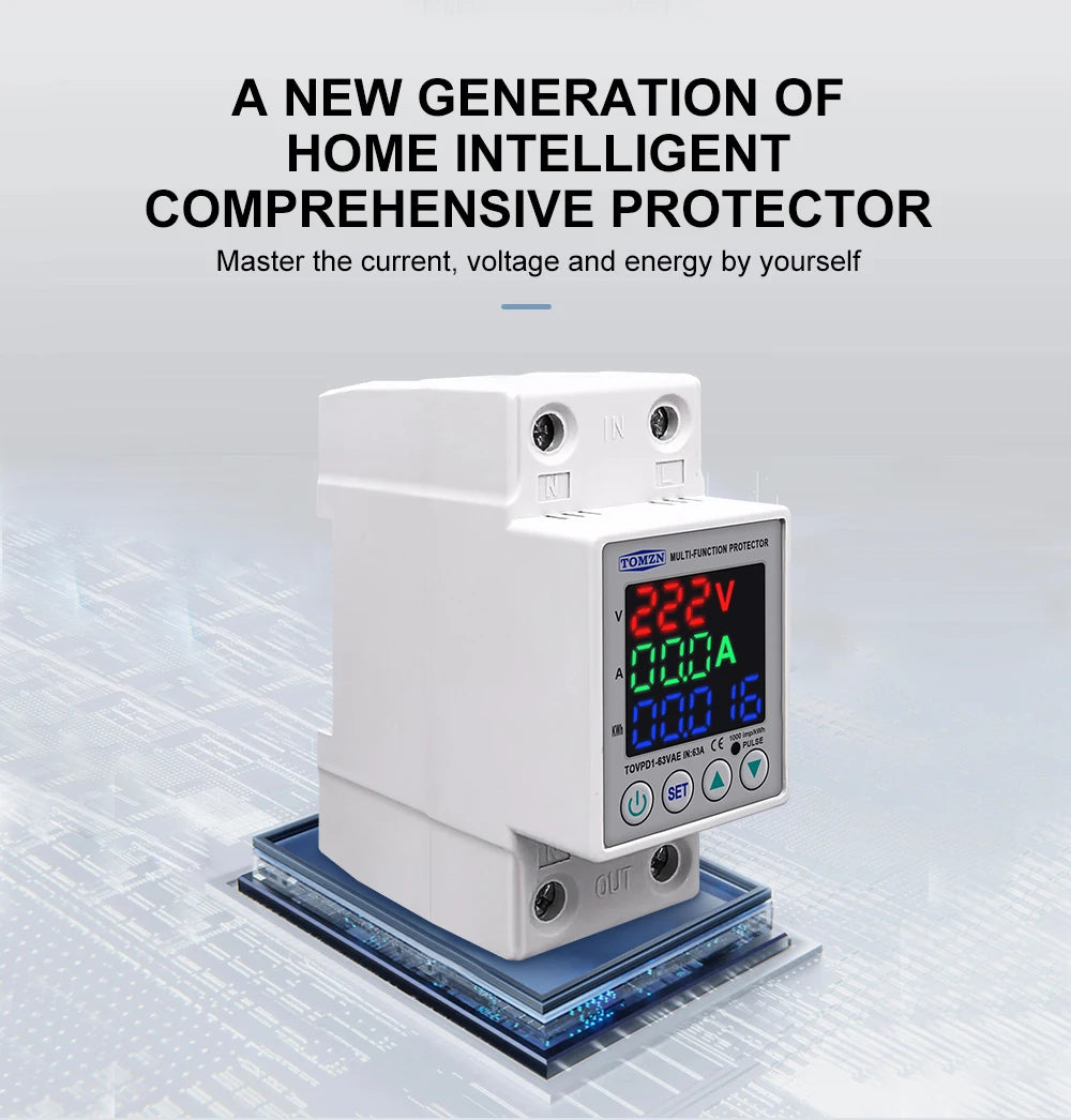 DIN Rail Dual Display Adjustable Over Voltage Current And Under Voltage Protective Device Protector Relay 40A 63A 80A 220V 230V
