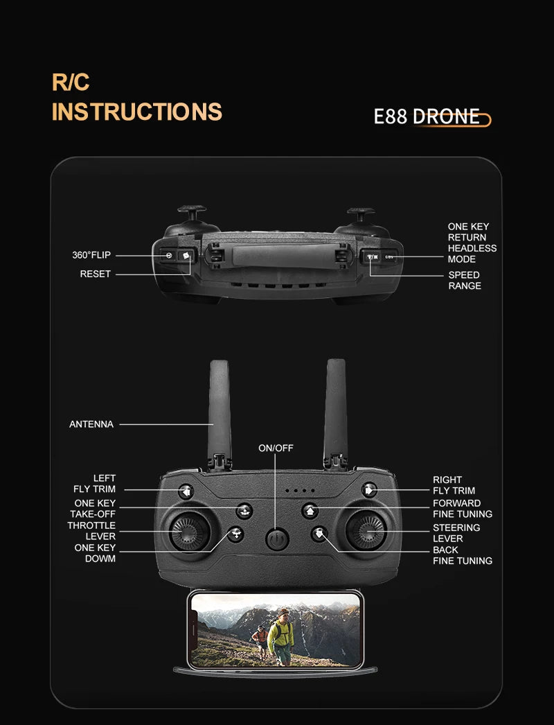 E88 ProIntelligent Folding Drone Supports single/Dual Camera Switching 4KPicture Quality+Wide-angle Shooting WiFiDirect Real-Tim - Shoppiline