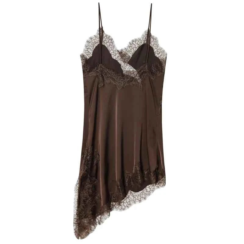 HXAO Asymmetrical Lace Dress Woman Sleeveless Slip Black Dress Summer Satin Party Dresses Backless Sexy Short Night Dresses