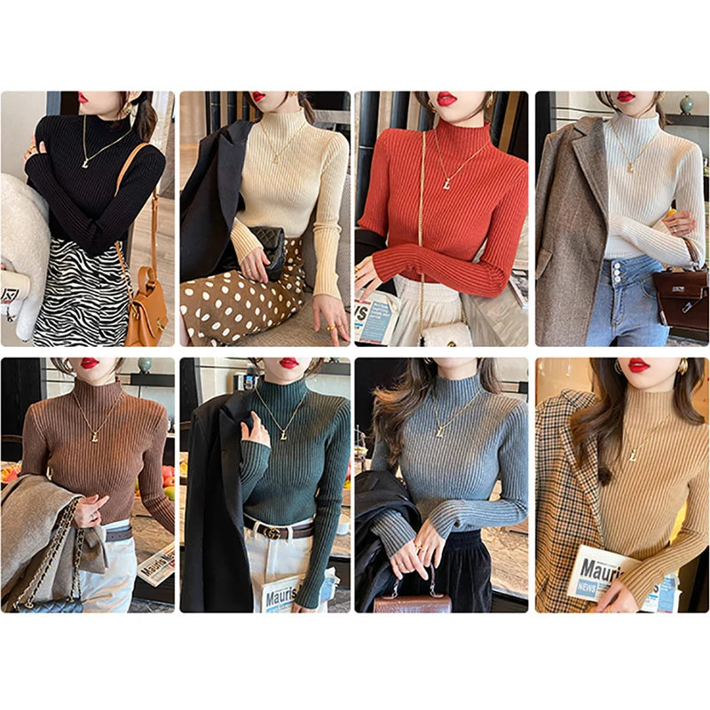 Nouveau pull élégant basique en maille unie pour femme, col roulé, manches longues, décontracté, coupe ajustée, mode simple et chic