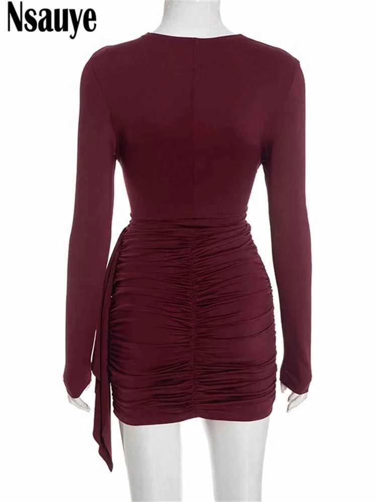Nsauye New Fashion Women Short Wrap High Waisted Mini Winter Dress 2025 Outfits Sexy Night Club Party Evening Long Sleeve Dress