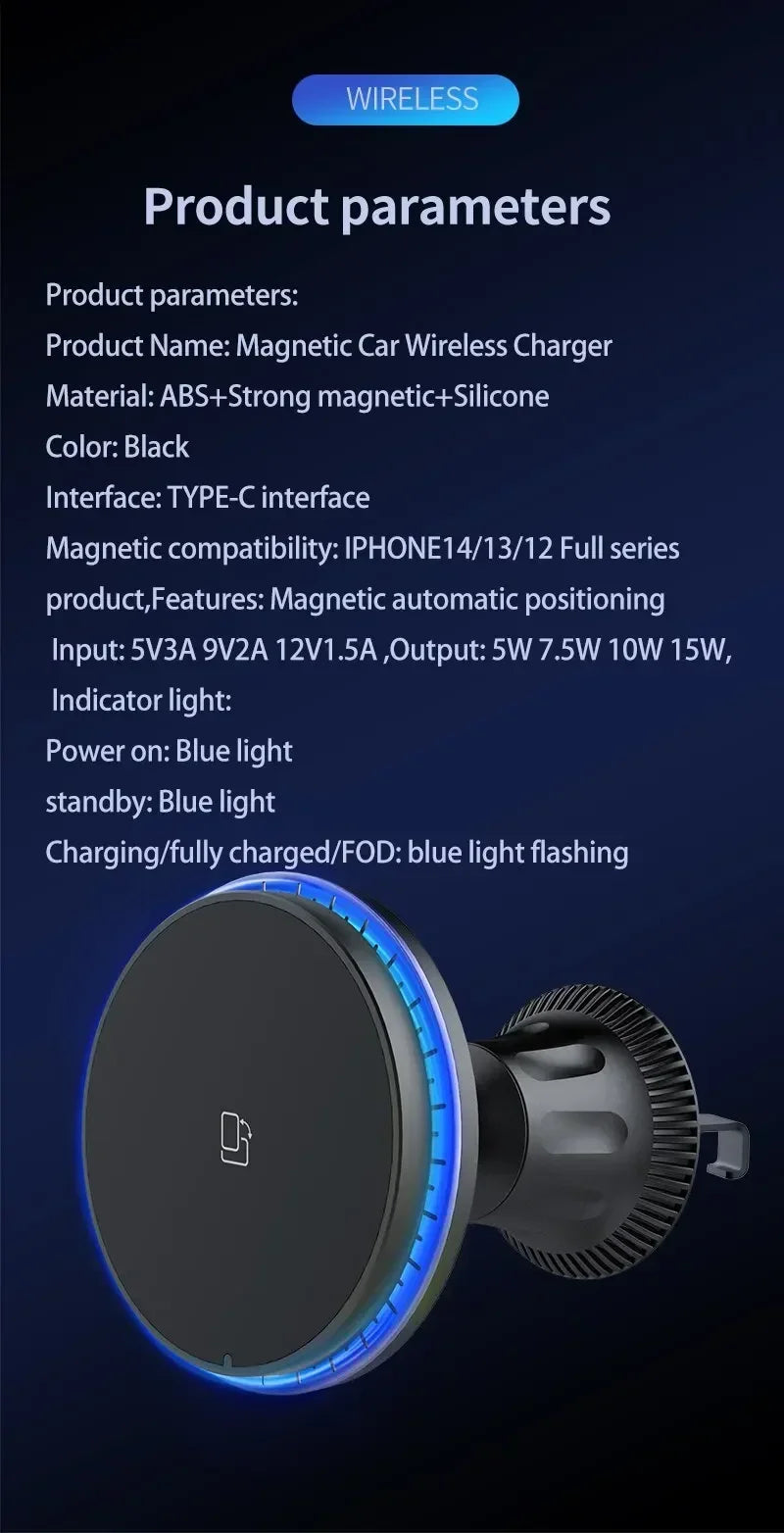 Magnetic Car Wireless Charger RGB For iPhone12 13 14 15 16 17 Pro Max Macsafe Car Phone Holder Stand Mount Fast Charging Station - Shoppiline