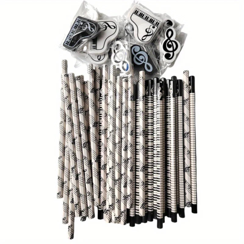 10Pcs Piano Music Note Pencil + 4pcs Pencil Eraser Stationery HB Wooden Painting Sketch Pen Exquisite Gift