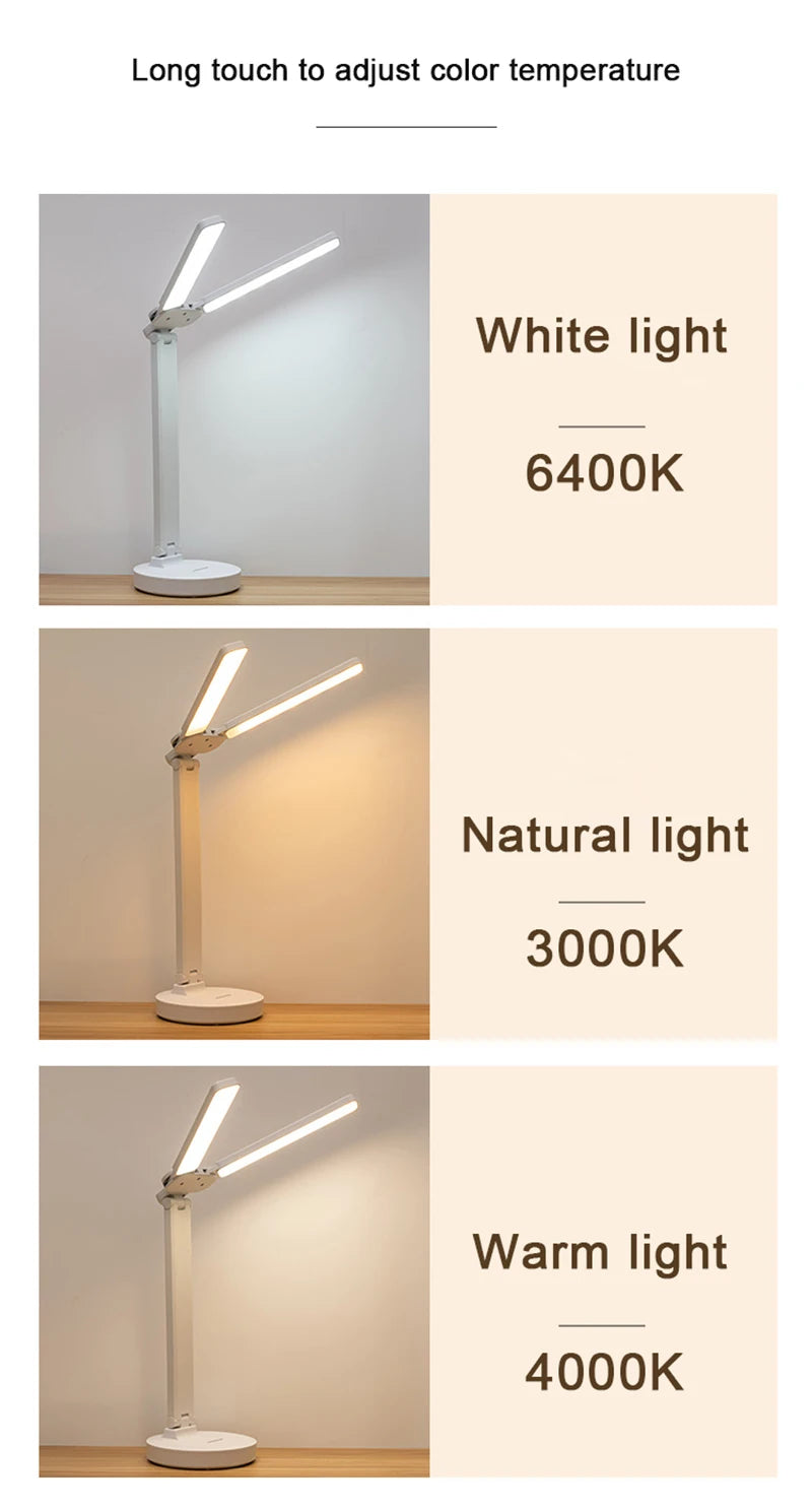 LED Table Lamp Double-Headed USB Chargeable Dimmable Desk Lamp with Calendar Clock Foldable Eye Protection Reading Night Light