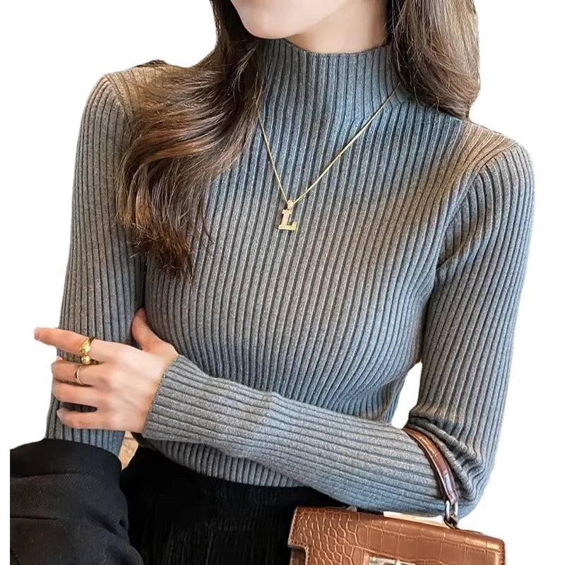 Nouveau pull élégant basique en maille unie pour femme, col roulé, manches longues, décontracté, coupe ajustée, mode simple et chic