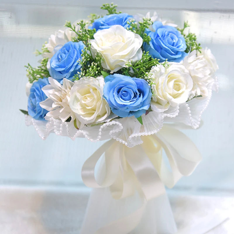 Wedding Bouquets for Bride Babysbreath Rose Bridesmaid Bouquets Silk Ribbon Valentine's Day Decoration Pearl Lace Mesh Ball Gift